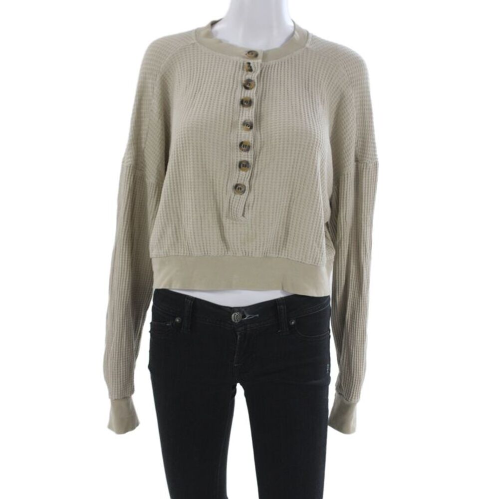 Electric & Rose Women Henley Sweatshirt Beige Button Crew Neck Size XS